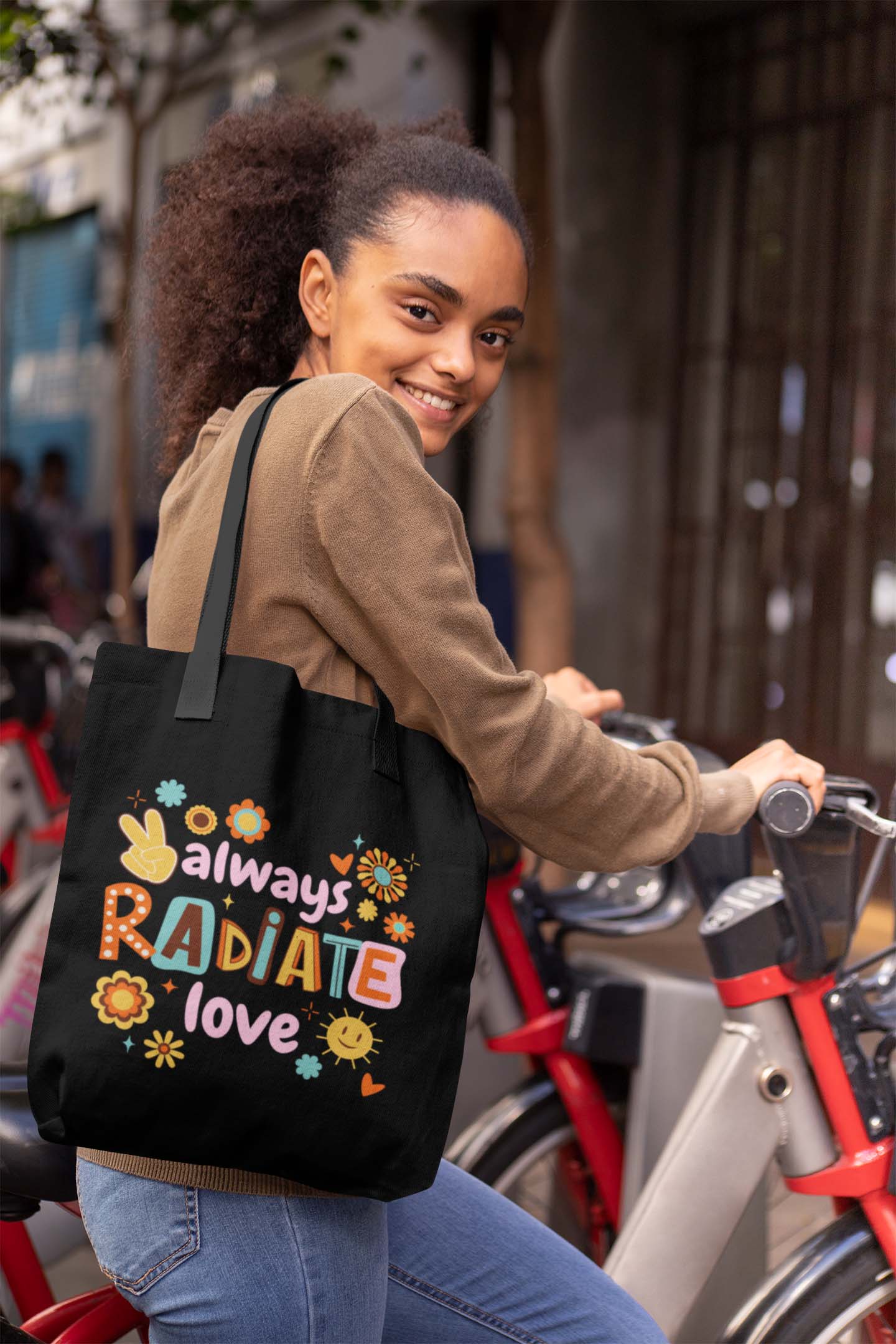 always radiate love organic canvas tote bag , inspirational printed design  , eco-friendly and durable carryall for shopping and errands